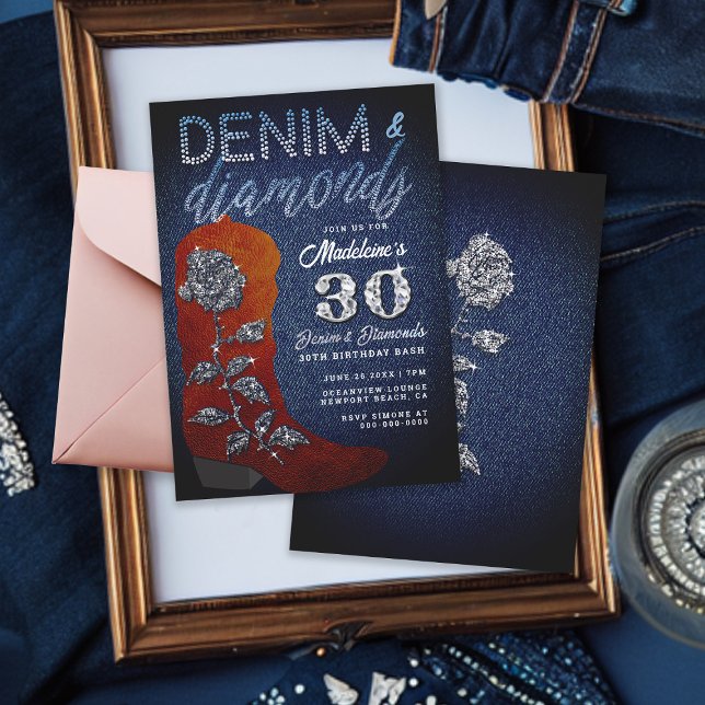 Invitation Denim Diamonds Rose Bling fille  fête d'anniversai (Denim and diamonds 30th birthday party for women suede cowgirl boot bling rose terracotta copper)