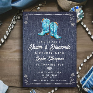Invitation Denim Diamonds Rustic Cowgirl Boots fête d'anniver