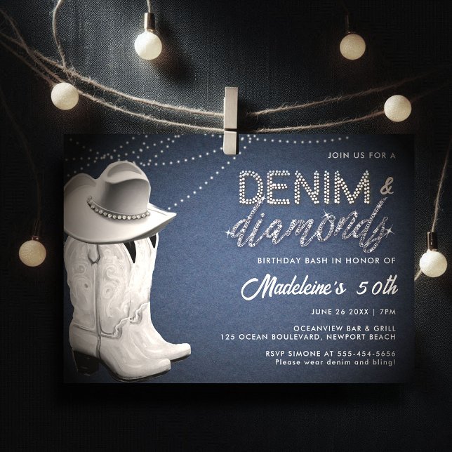 Invitation Denim Diamonds Rustic Glam Casquette Bottes 50e an (denim diamonds 50th birthday invitation for women elegant classy rustic glam cowgirl boots hat bling)