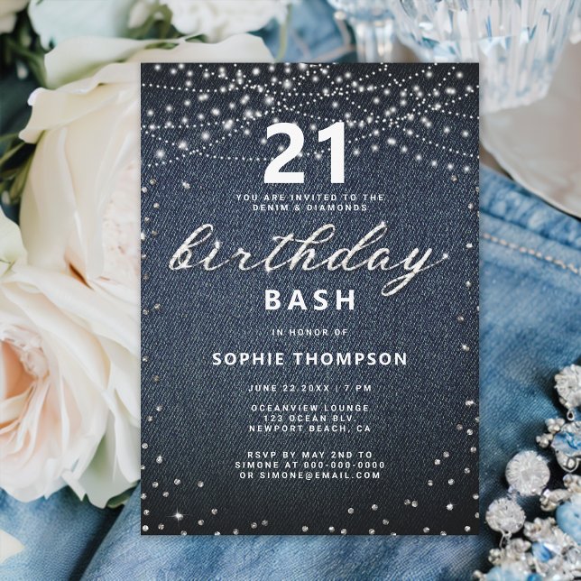 Invitation Denim Diamonds Rustic Lights 21e fête d'anniversai (denim and diamonds 21st birthday invitation for girls rustic lights simple modern classy elegant)