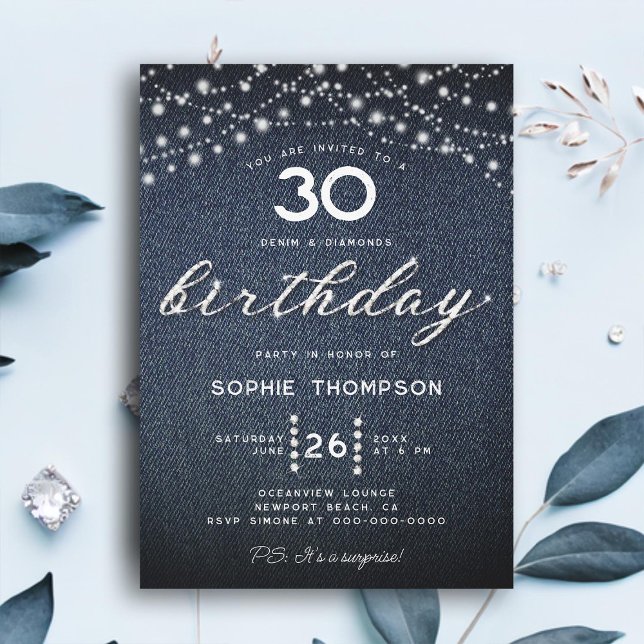 Invitation Denim Diamonds Rustic Lights 30e fête d'anniversai (denim diamonds 30th birthday invitation women rustic lights elegant modern classy modern boho)