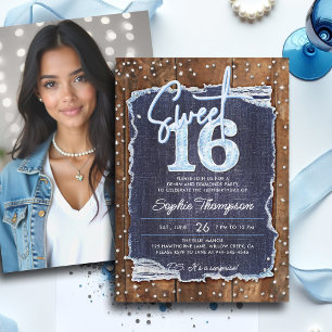 Invitation Denim Diamonds Rustique Bois Élégant Photo Sweet 1