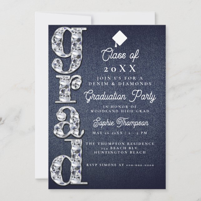 Invitation Denim Diamonds Script Blue Jeans Graduation Party (Devant)