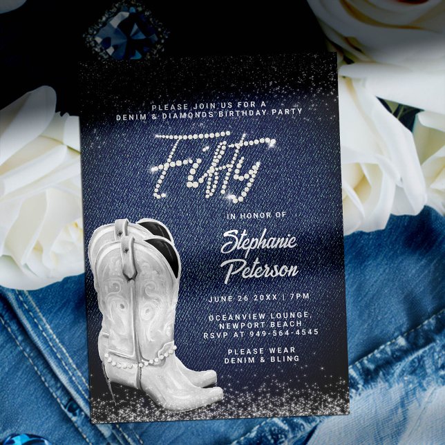 Invitation Denim Diamonds Script Cowgirl Boots 50e anniversai (denim and diamonds 50th birthday invite for women cowgirl boots bling classy elegant chic western)