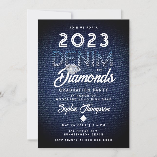 Invitation Denim Diamonds Typographie Parti de graduation mod (Devant)