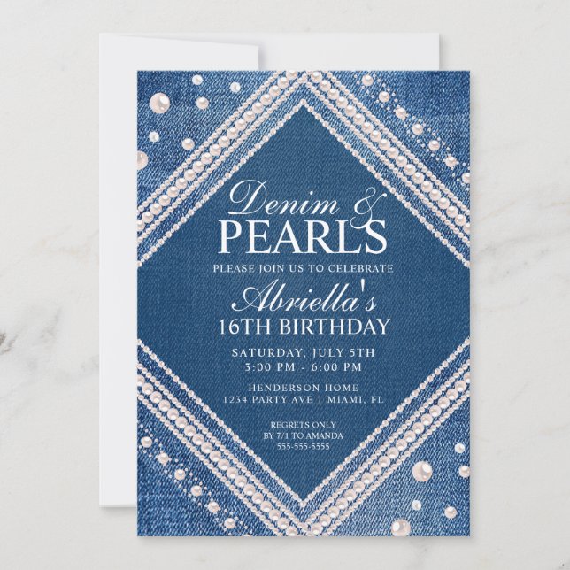 Invitation Denim Élégant et Perles (Devant)