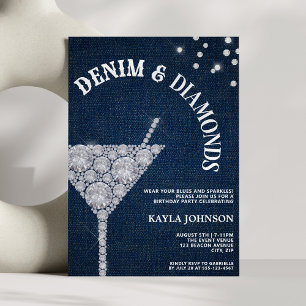 Invitation Denim et Diamants Anniversaire Élégant en Jean Ble
