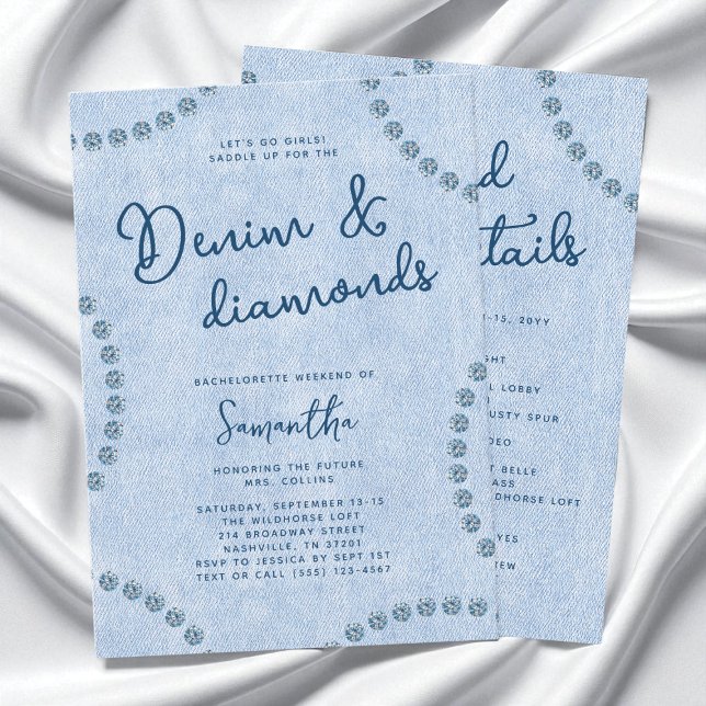 Invitation Denim et Diamants Fête de Bachelorette Western Ble (Denim and Diamonds Blue Western Bachelorette Party Invitation)