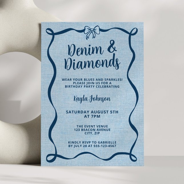 Invitation Denim et Diamants Ruban Ondulé Coquette à Nœud Ble (Créateur téléchargé)