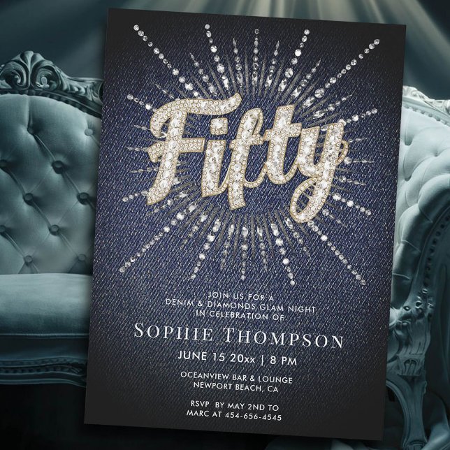 Invitation Denim et Diamonds Fabuleux Glam 50e anniversaire (denim diamonds 50th birthday women fabulous invitation)