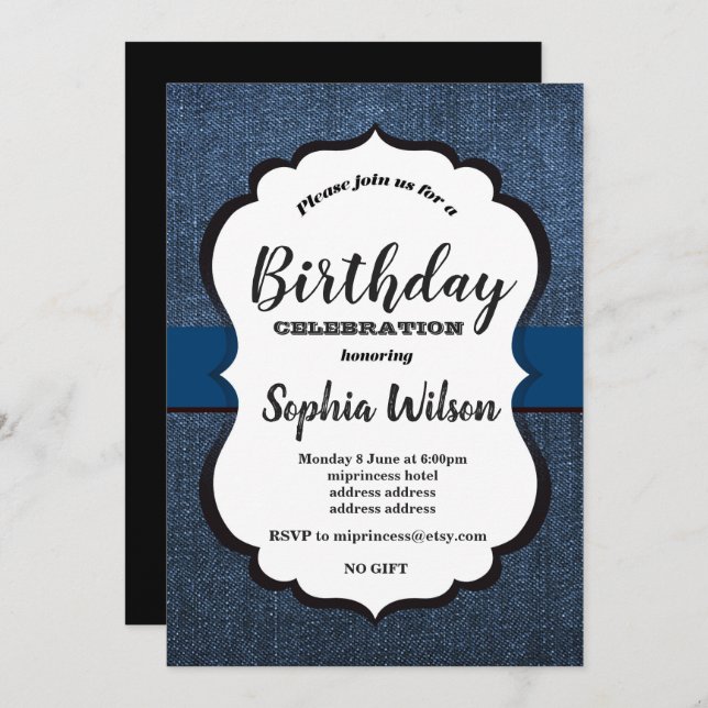 Invitation Denim, fête d'anniversaire (Devant / Derrière)