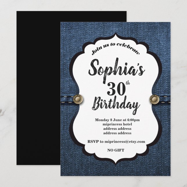 Invitation Denim, fête d'anniversaire (Devant / Derrière)
