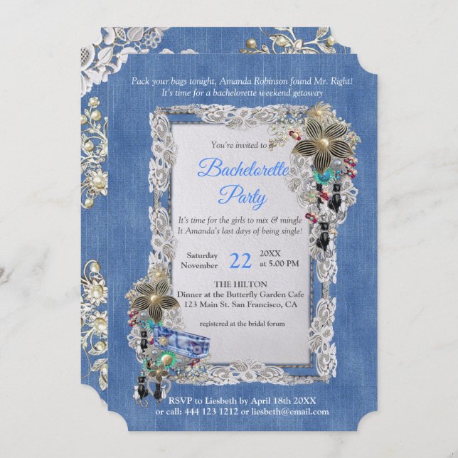 Invitation Denim Fleur texturée Dentelle et bijoux costume (Devant / Derrière)