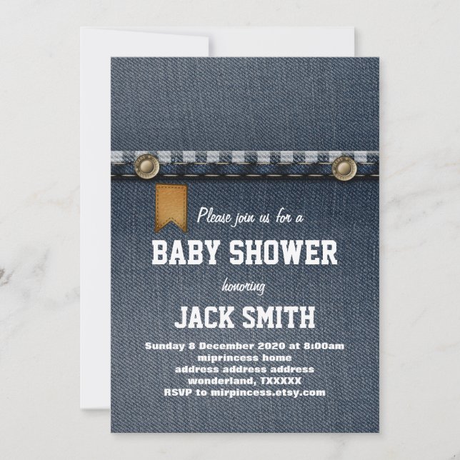 Invitation denim, jean bleu, cowboy, baby shower occidental (Devant)