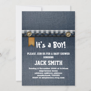 Invitation denim, jean bleu, cowboy, baby shower occidental
