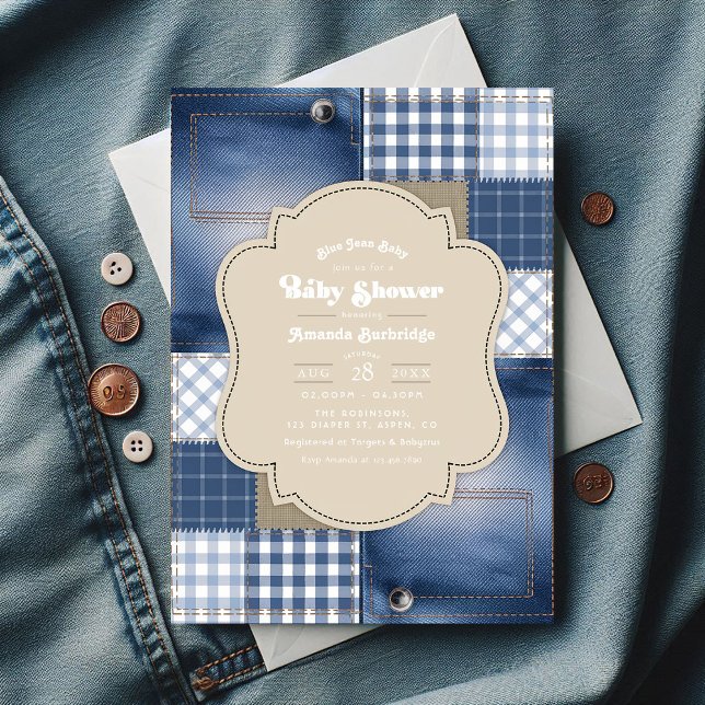 Invitation Denim Patchwork Rustique Chic Bleu Jean Baby showe (Denim Patchwork Rustic Chic Blue Jean Baby Shower Invitation)