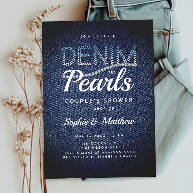 Invitation Denim Pearls Couple Wedding shower moderne Rustiqu (denim and pearls elegant rustic modern country couple wedding shower invitation joint blue white)