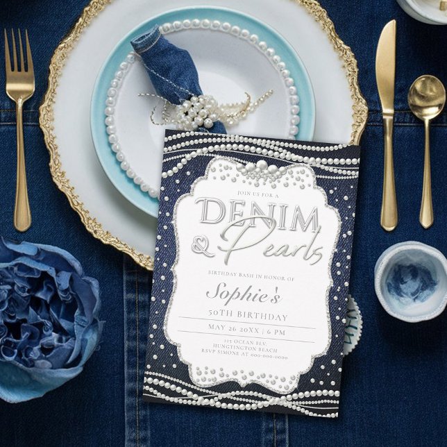 Invitation Denim Pearls Elégant Classique Moderne 50e Anniver (denim and pearls birthday party invitation 50th for her elegant classy modern)