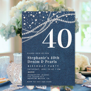 Invitation Denim Pearls Elegant Classy 40e anniversaire