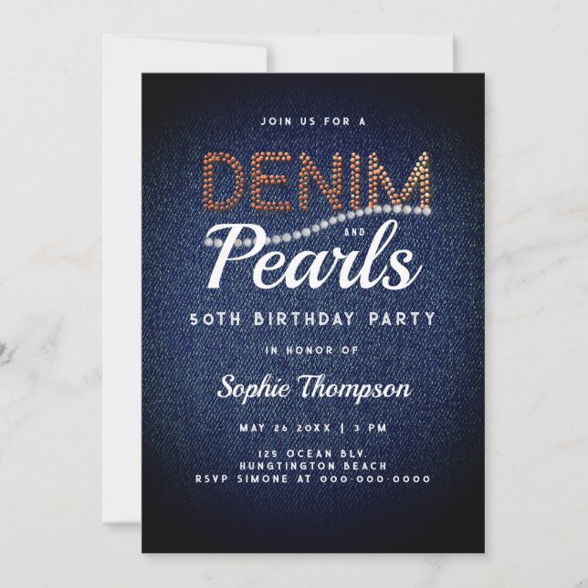 Invitation Denim Pearls Élégante grange rustique 50e annivers (Devant)
