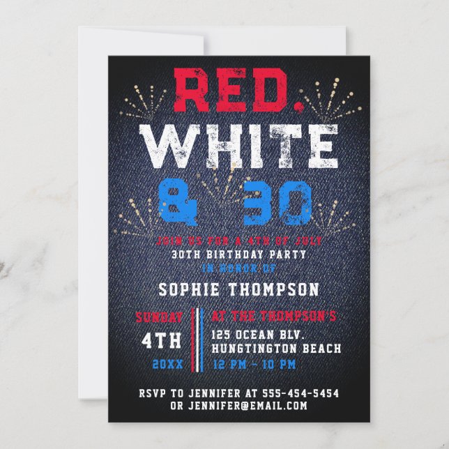 Invitation Denim Red White 4 juillet Patriotique 30e annivers (Devant)