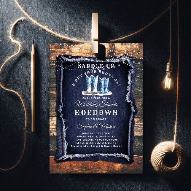 Invitation Denim Rustic Lights Cowboy Mariage Fête des mariée (denim bridal wedding shower invitation rustic wood board lights hoedown white blue coed jack jill)