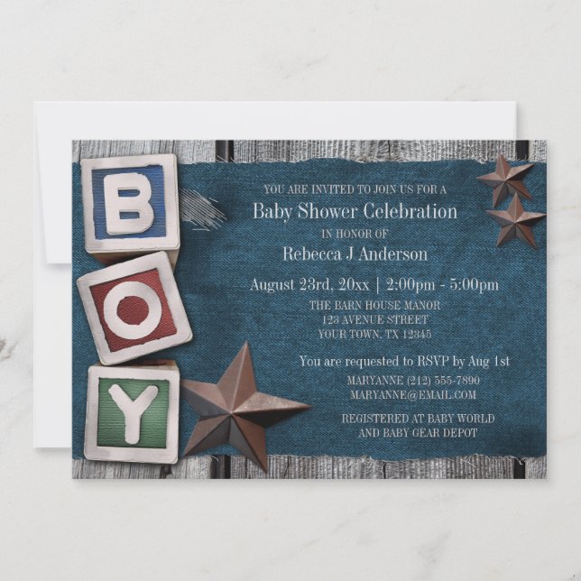Invitation Denim, Stars & Blocks Country Boy Baby shower (Devant)