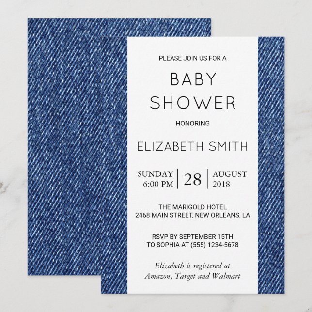 Invitation Denim Texture, Denim bleu, Baby shower (Devant / Derrière)