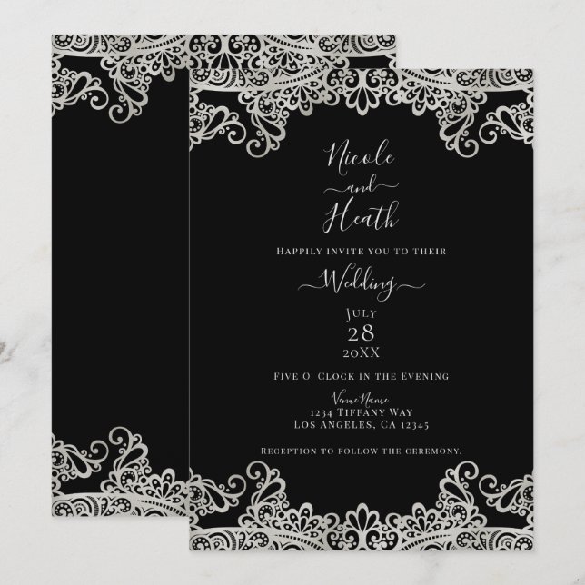 Invitation Dentelle argent et or Mariage élégant (Devant / Derrière)