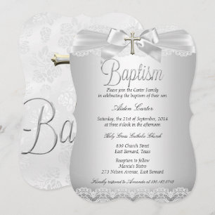 Invitation Dentelle argentée et croix de baptême garçon ou fi