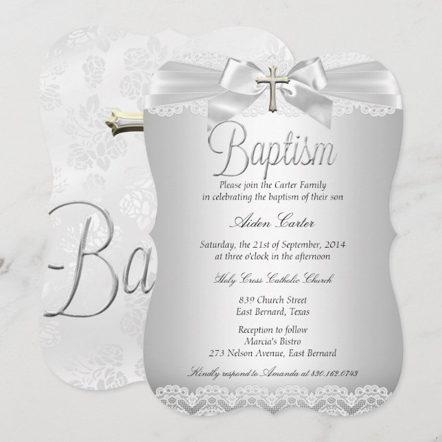 Invitation Dentelle argentée et croix de baptême garçon ou fi (Devant / Derrière)