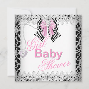 Invitation Dentelle Baby shower fille rose Zebra