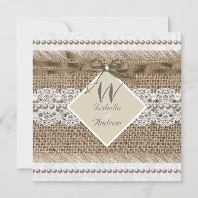 Invitation Dentelle beige Mariage rustique Burlap Pearl Blanc (Devant)