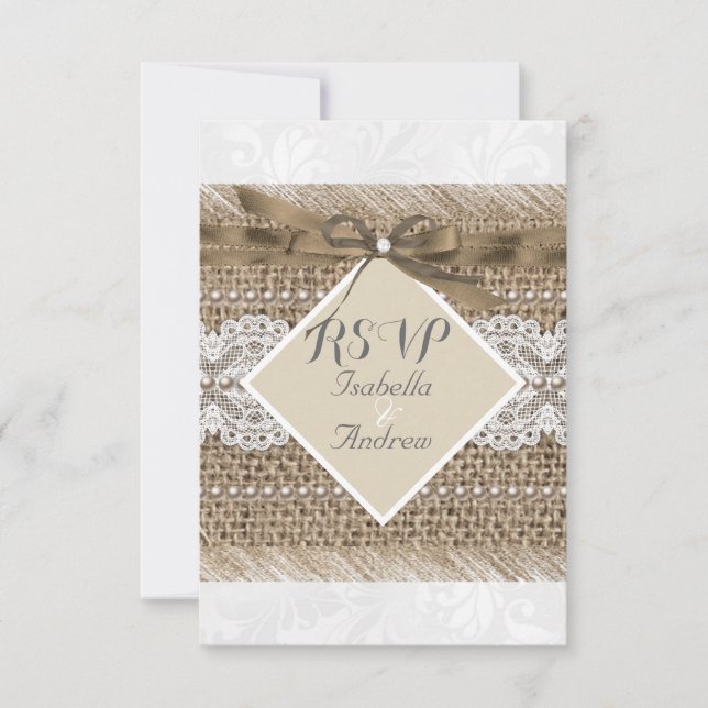 Invitation Dentelle beige Mariage rustique Burlap Pearl Blanc (Devant)