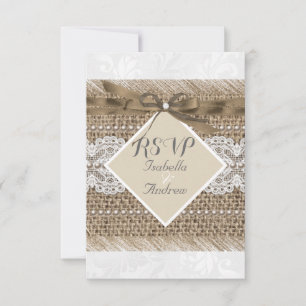 Invitation Dentelle beige Mariage rustique Burlap Pearl Blanc