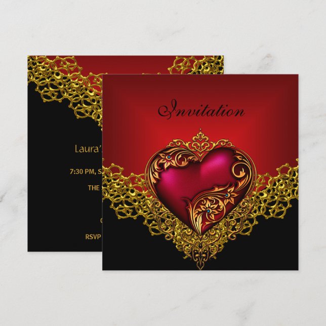 Invitation Dentelle Black Gold Deep Red Heart Jewel Party (Devant / Derrière)
