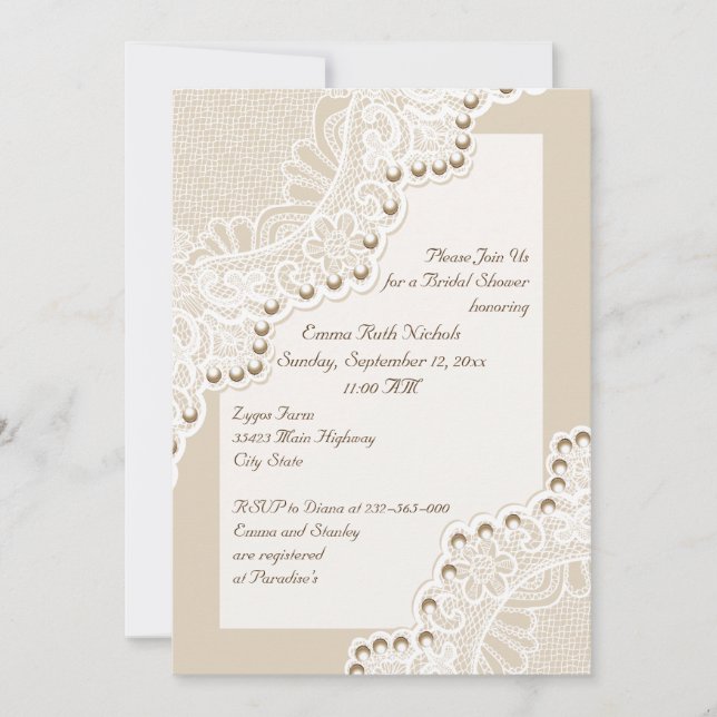 Invitation Dentelle blanche avec perles mariage douche nuptia (Devant)