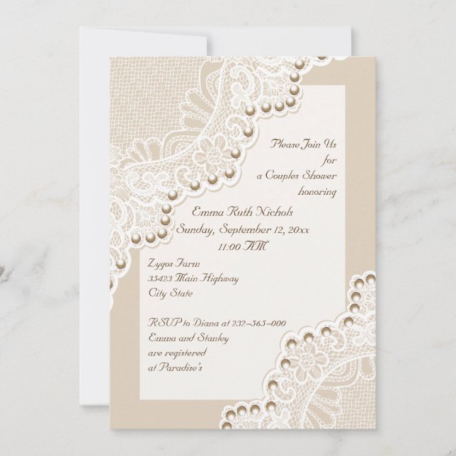 Invitation Dentelle blanche avec perles mariages couples douc (Devant)