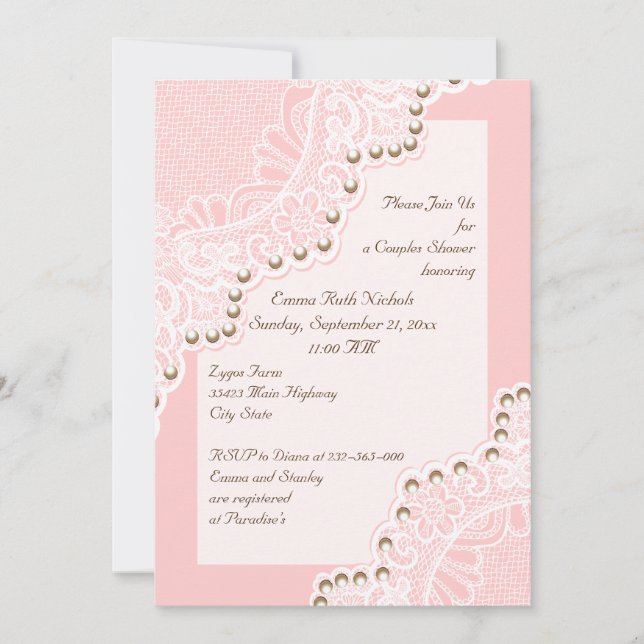 Invitation dentelle blanche avec perles rose mariage couple d (Devant)