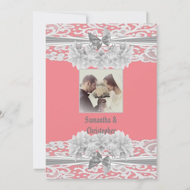 Invitation Dentelle blanche Dusty rose mariage photo invitati (Dos)