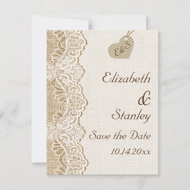 Invitation Dentelle blanche et coeur sur burlap mariage Enreg (Devant)