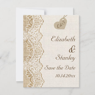 Invitation Dentelle blanche et coeur sur burlap mariage Enreg