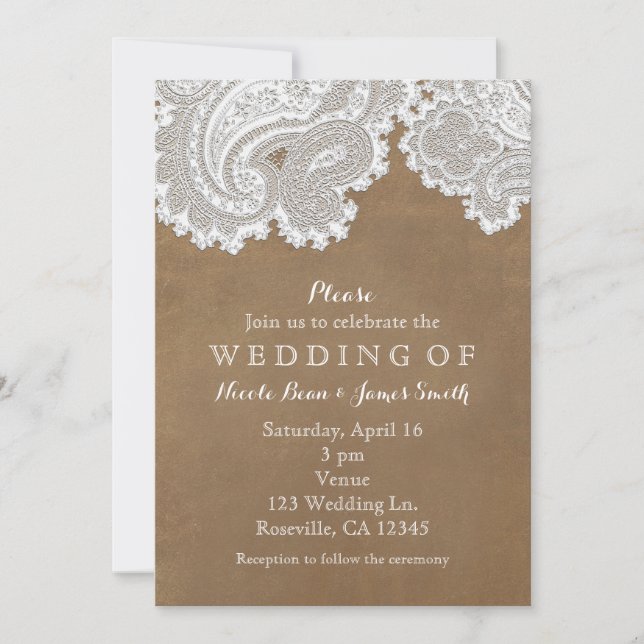 Invitation Dentelle blanche et daim Brown Rustique Chic Maria (Devant)
