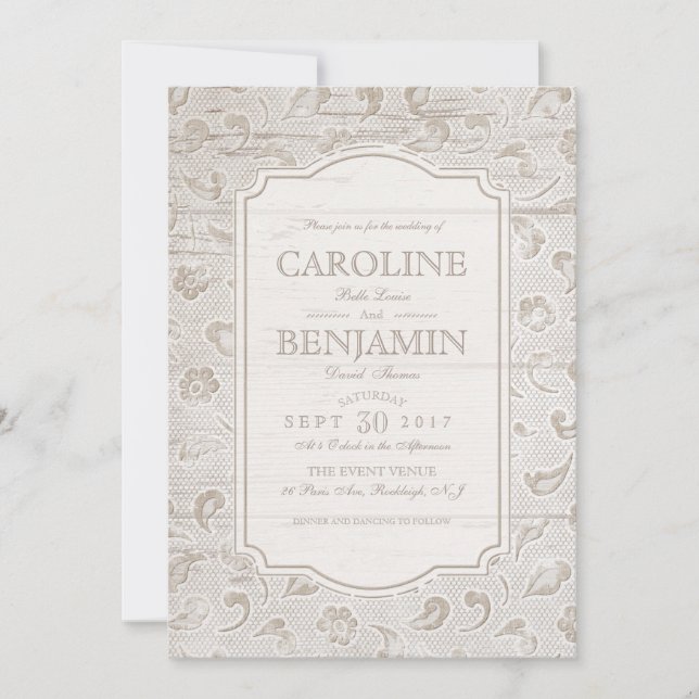 Invitation Dentelle blanche et mariage campagnard rustique en (Devant)
