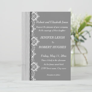 Invitation Dentelle blanche et mariage en bois rustique gris