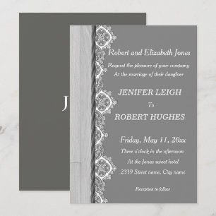 Invitation Dentelle blanche et mariage en bois rustique gris