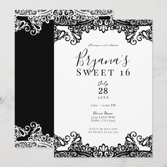 Invitation Dentelle blanche et noire élégante Sweet 16 Party (Devant / Derrière)