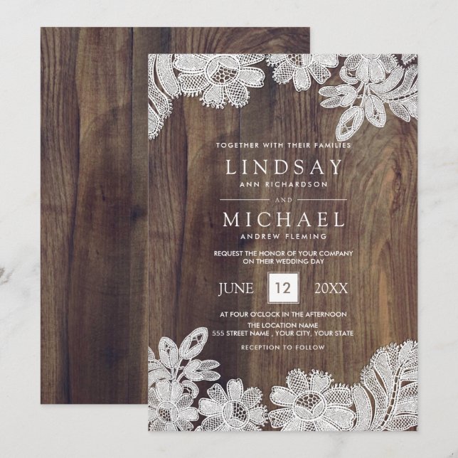 Invitation Dentelle blanche | Mariage en bois de grange (Devant / Derrière)