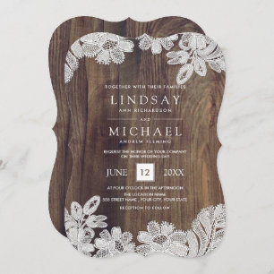 Invitation Dentelle blanche Mariage en bois de grange