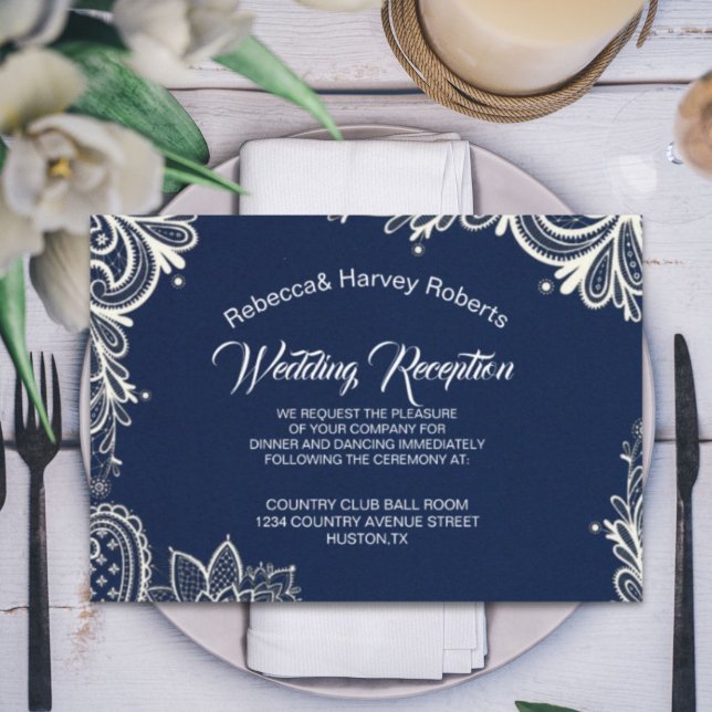 Invitation dentelle blanche marine bleu mariage réception (nautical white lace navy blue wedding reception invitation)